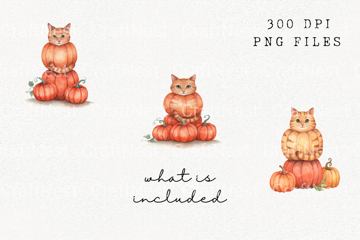 Whimsical Cat On Pumpkins Clipart Bundle