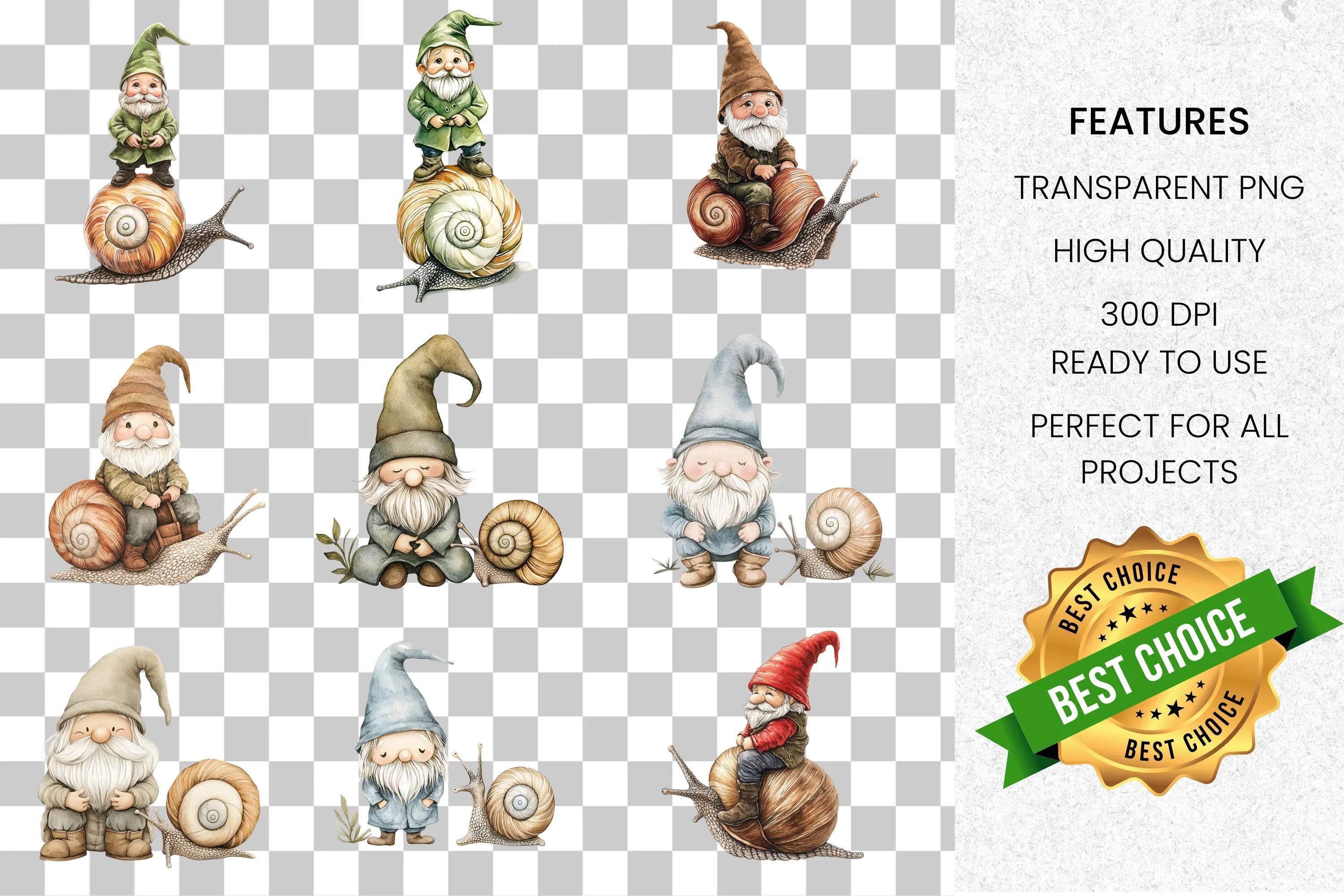 Whimsical Gnomes and Snails Clipart Bundle