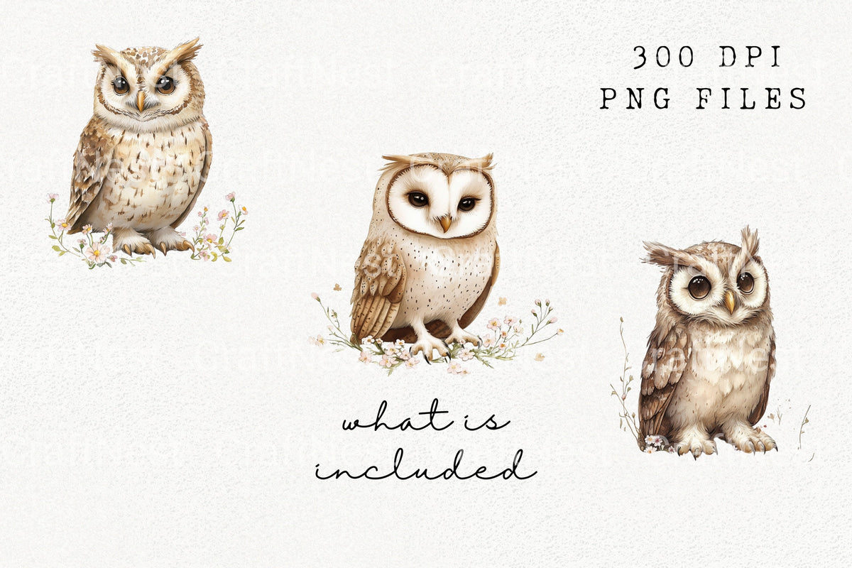 Cute Baby Owl With Flowers Clipart Bundle