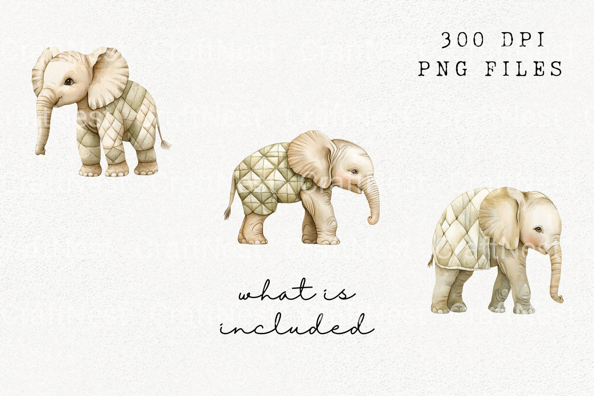 Adorable Quilted Baby Elephants Clipart Bundle