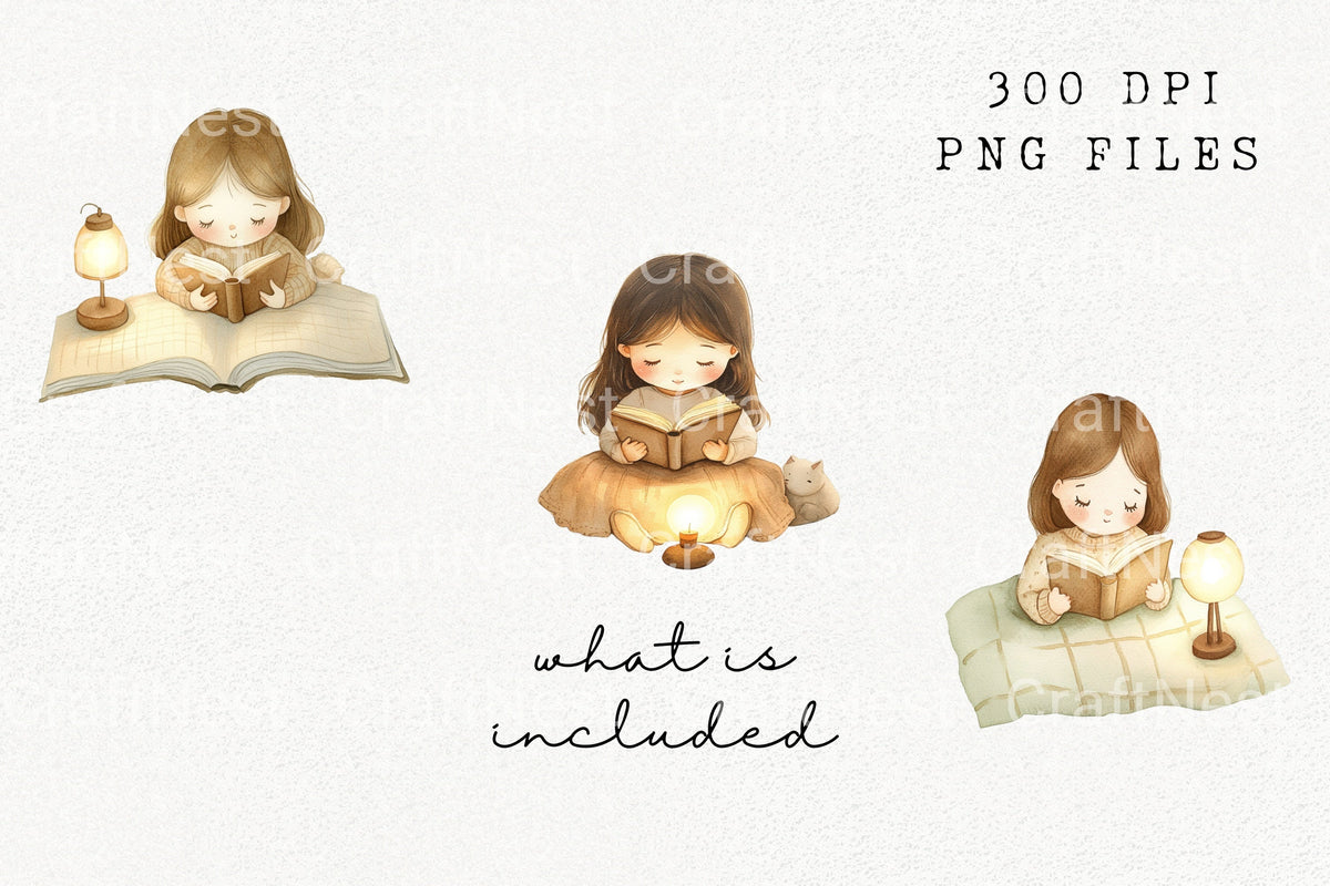 Cozy Girls Reading Books Illustration Clipart Planner