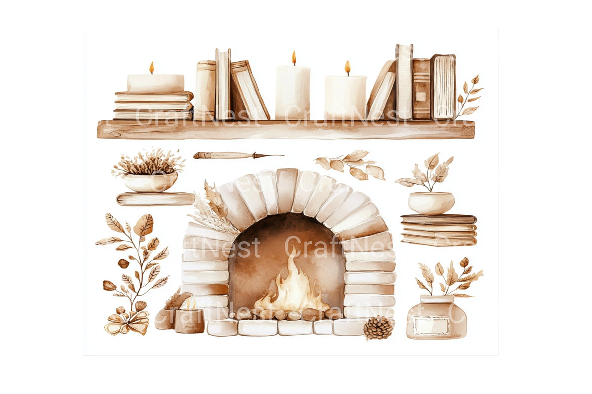Autumn Fireplace Decor Illustrations Clipart Bundle
