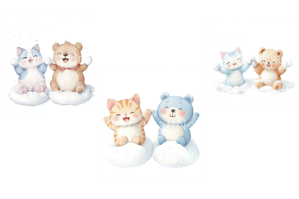 Cute Baby Animals On Snow Clouds Clipart Bundle