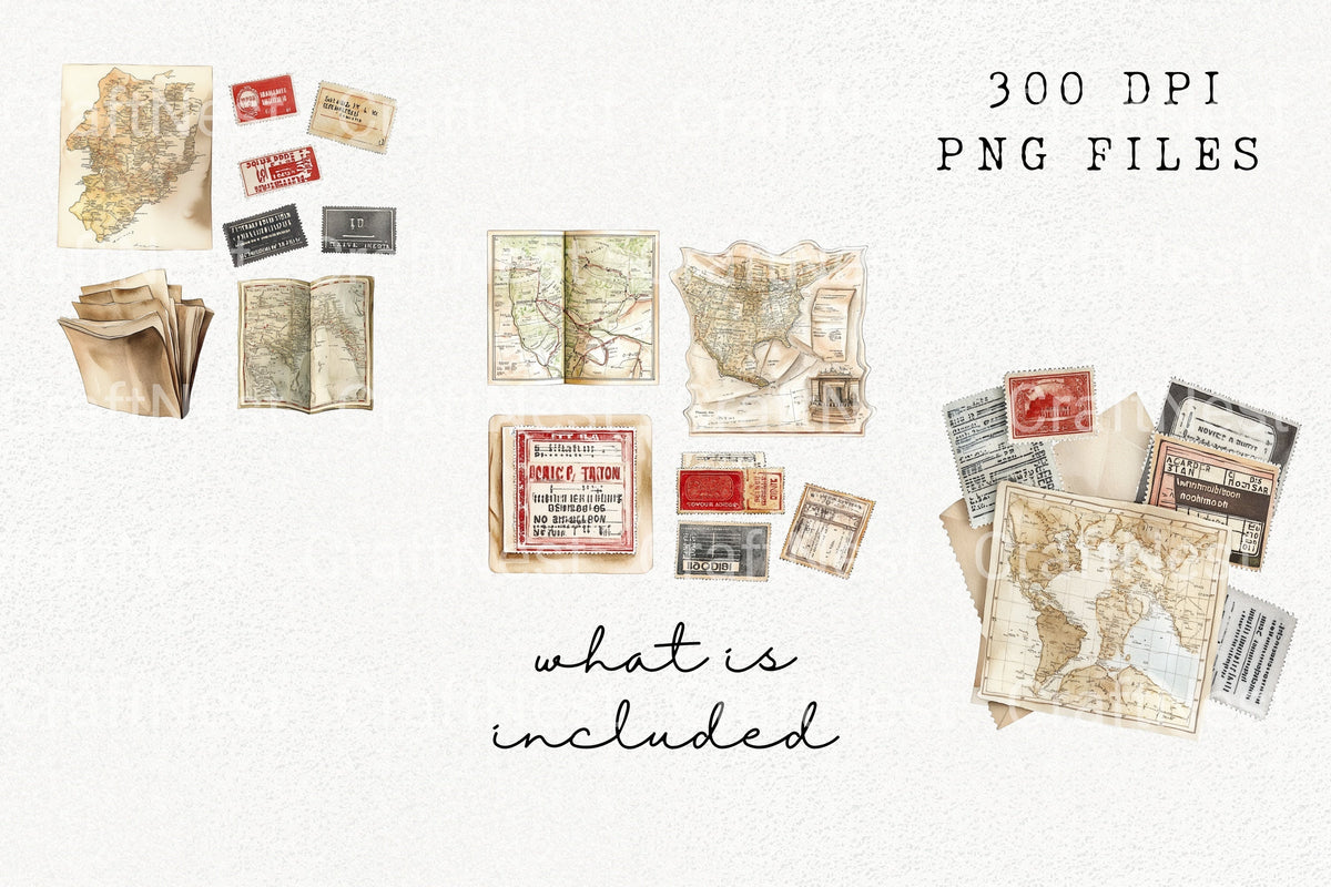 Vintage Travel Map Ticket Clipart Bundle