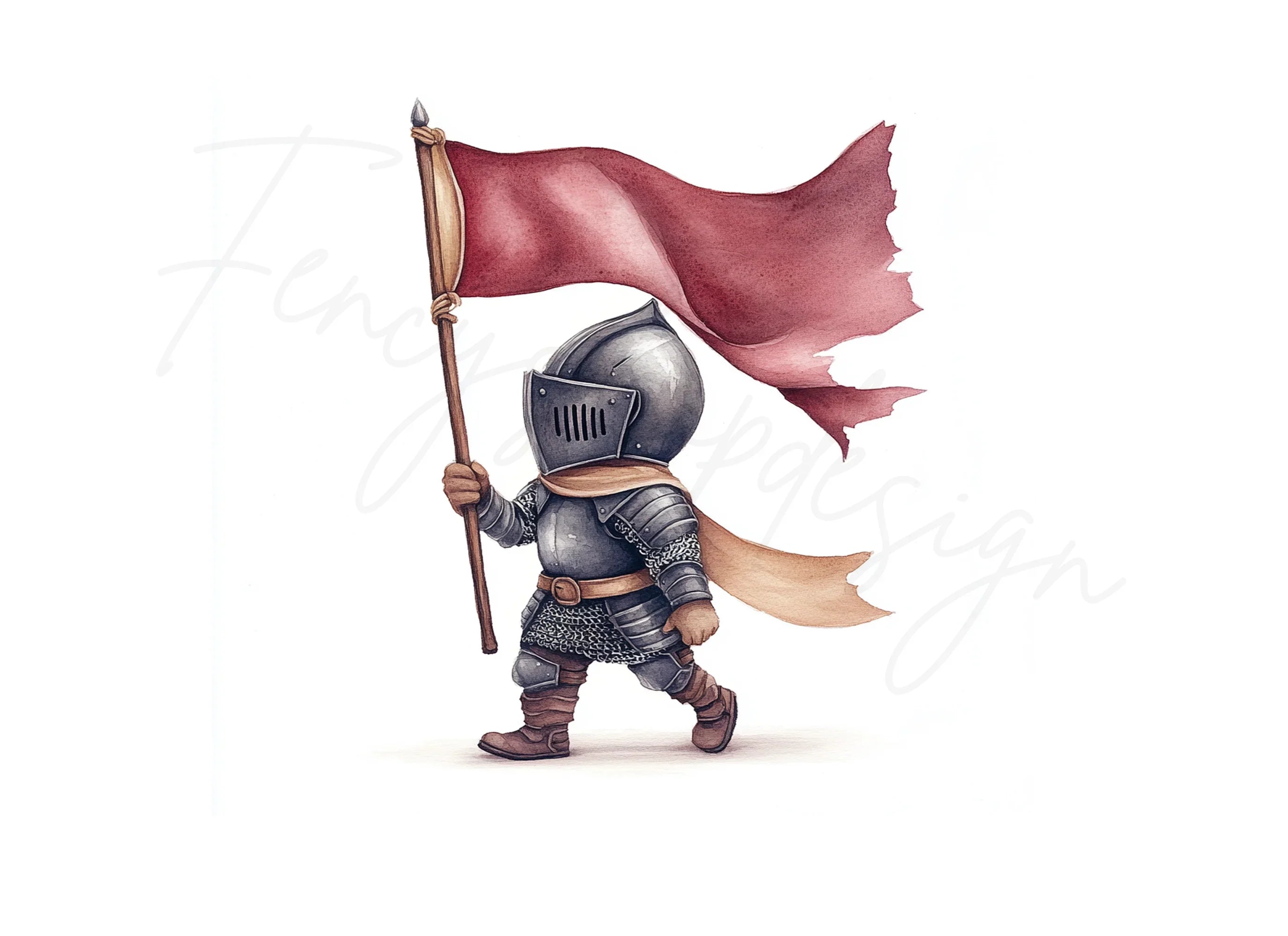 Cute Chibi Knights with Red Flags Clipart Bundle