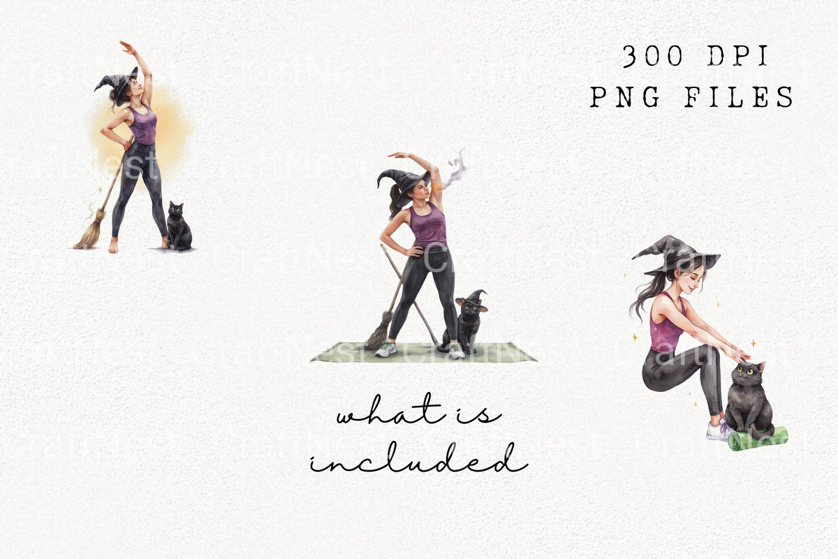 Yoga Witch And Black Cat Clipart Bundle