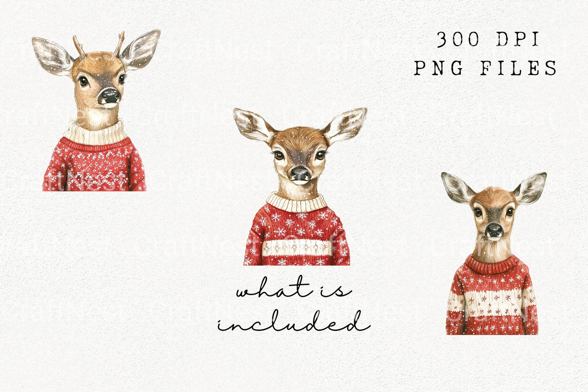 Charming Fawn In Christmas Sweaters Clipart Bundle