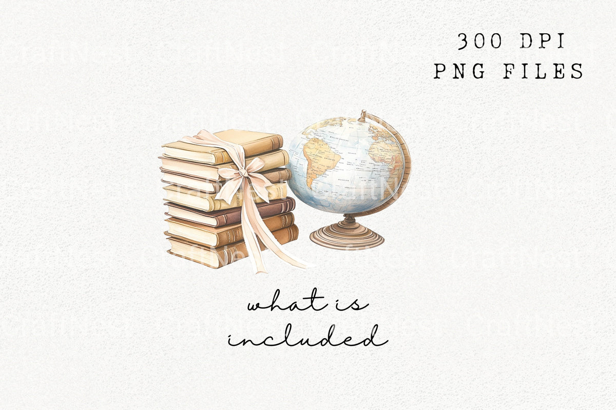 Vintage Books And Globe Watercolor Clipart Planner