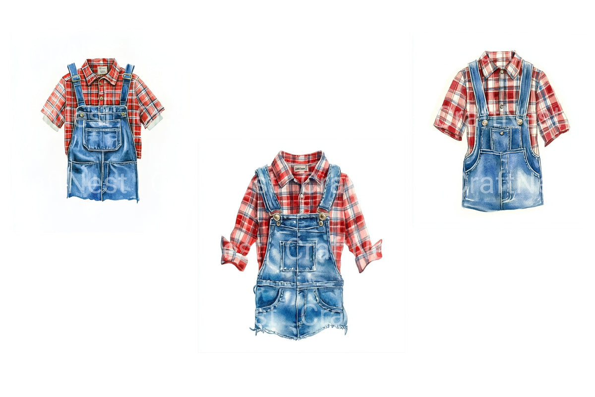 Plaid Shirt And Overalls Clipart Bundle