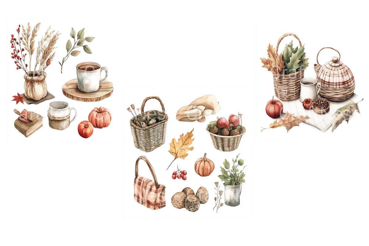 Autumn Harvest And Cozy Elements Clipart Bundle