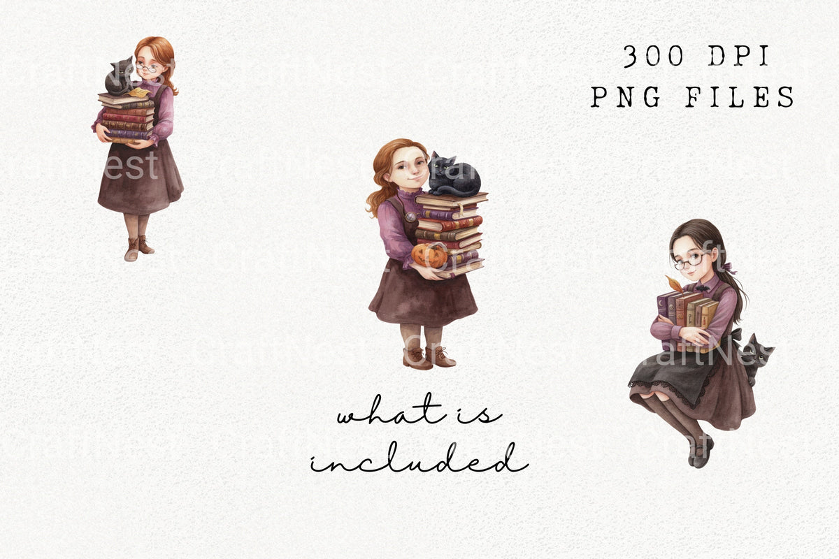 Girl With Books And Black Cat Clipart Planner