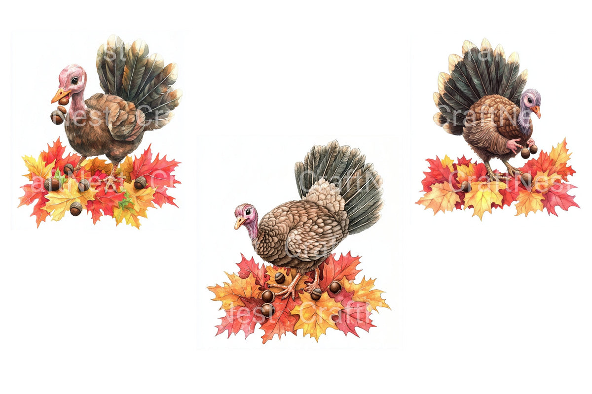Thanksgiving Turkey With Autumn Leaves Clipart Bundle