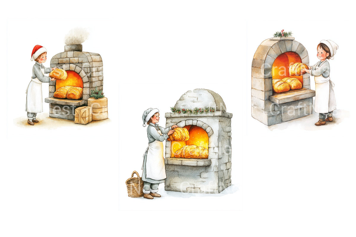 Bakers With Christmas Bread Oven Clipart Bundle