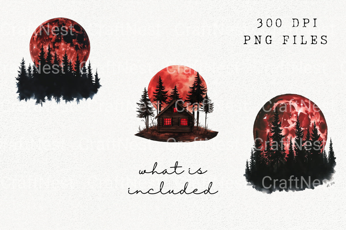 Spooky Cabin Red Moon Forest Clipart Bundle