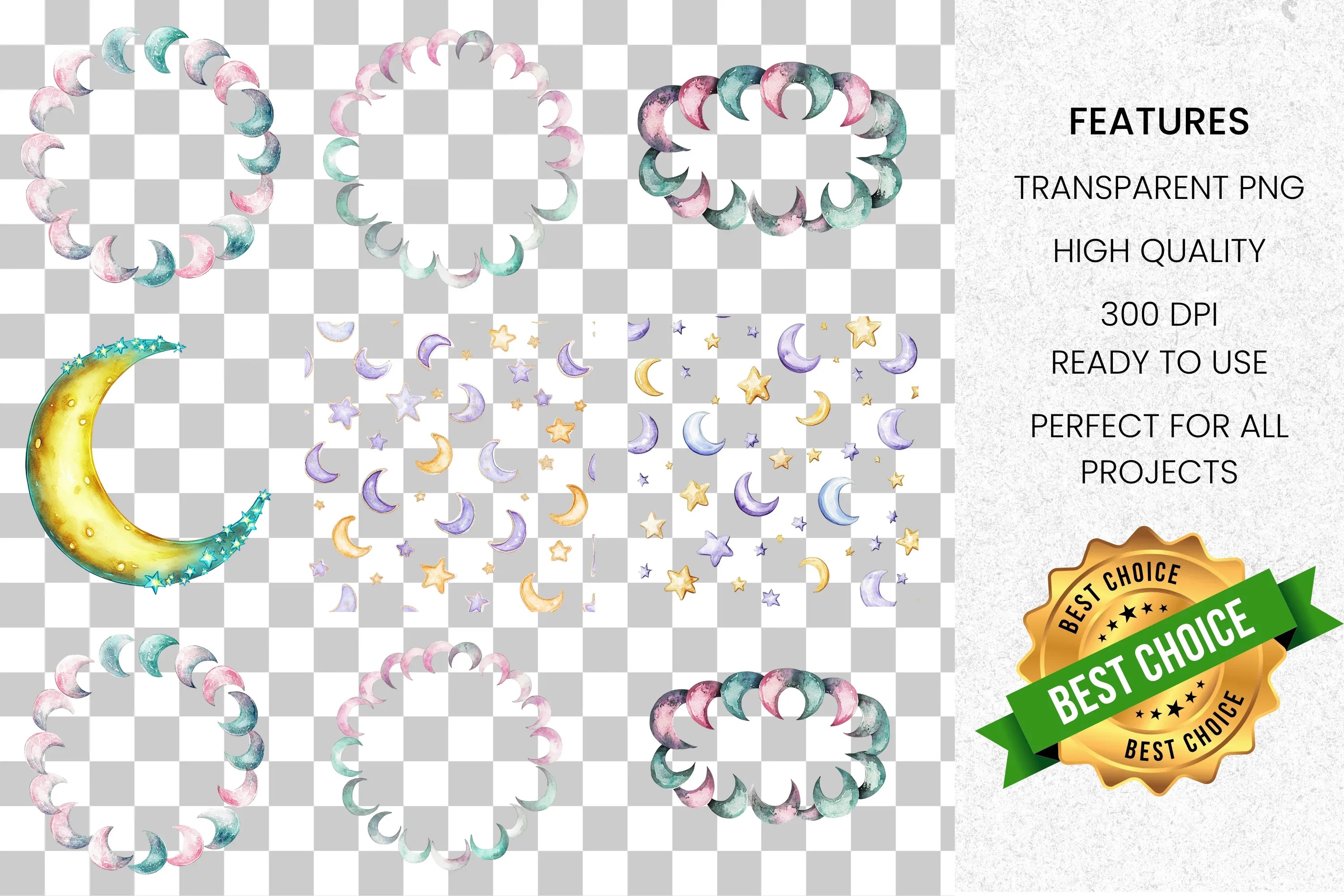 Dreamy Moon Star Patterns Frames Clipart Bundle