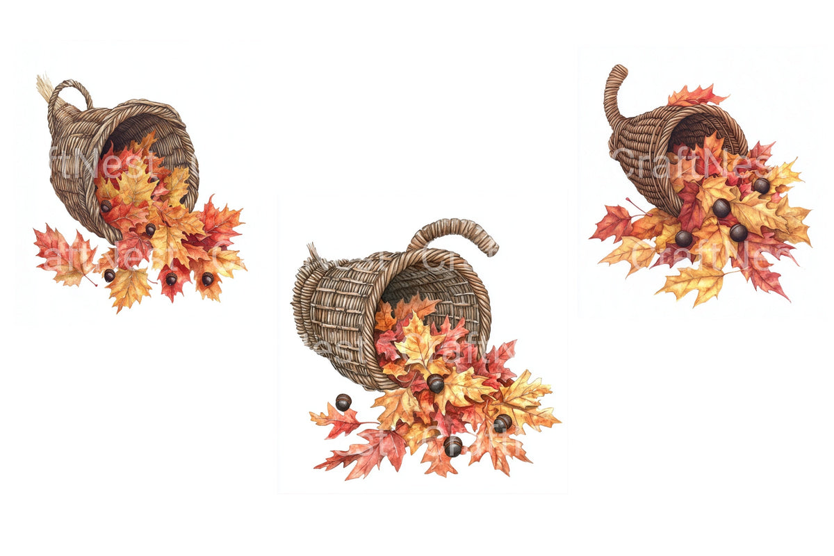 Autumn Cornucopia With Leaves Clipart Bundle