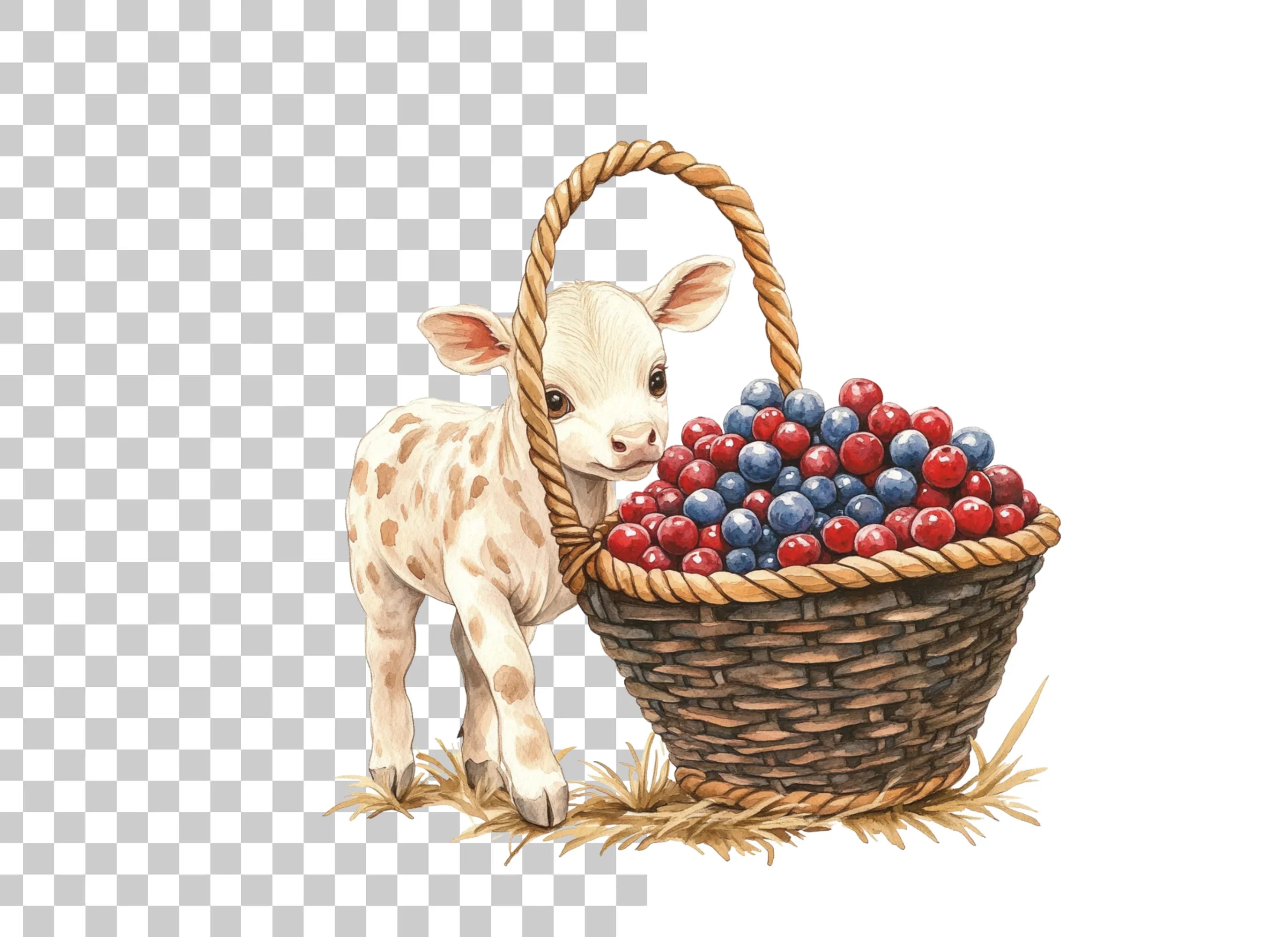 Cute Calf with Berry Basket Clipart Bundle
