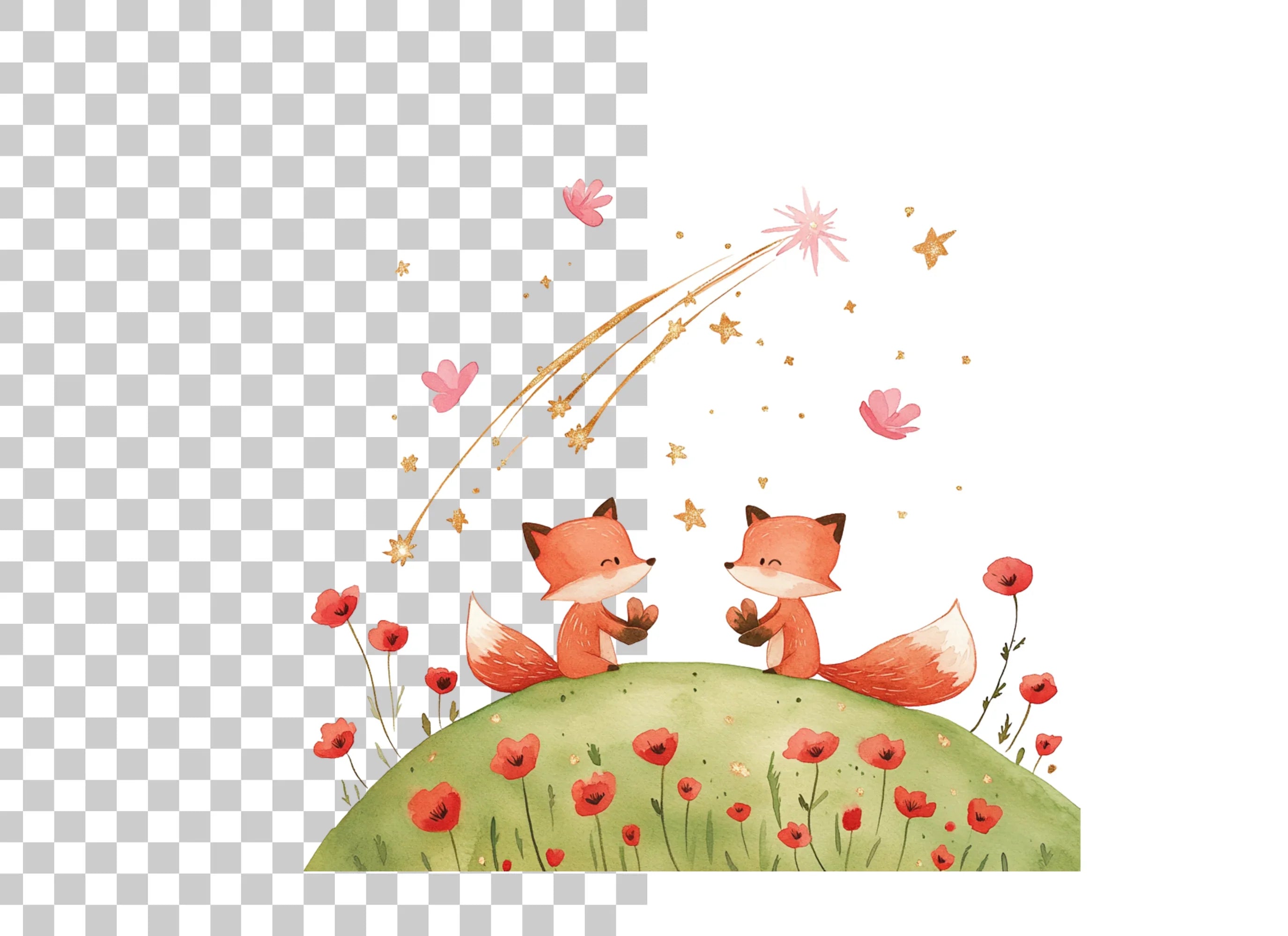 Cute Foxes Under Shooting Star Clipart Bundle