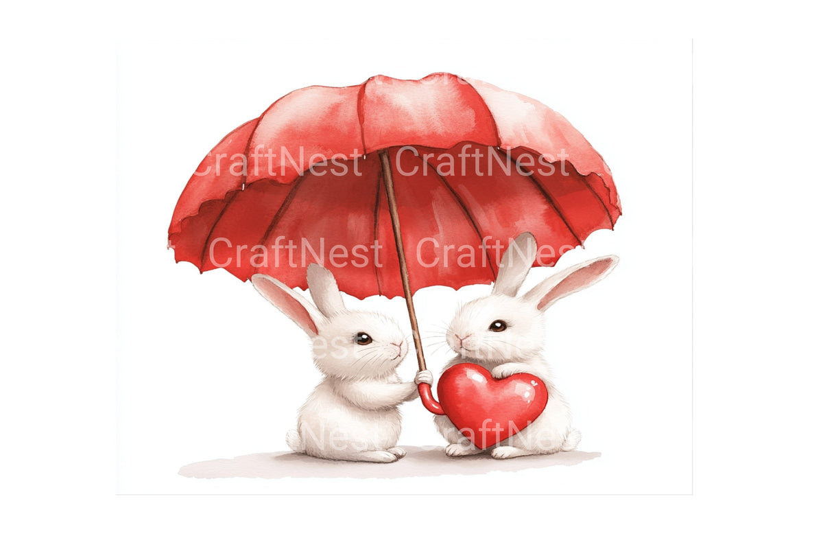 Cute Bunny Couple With Umbrella Clipart Bundle