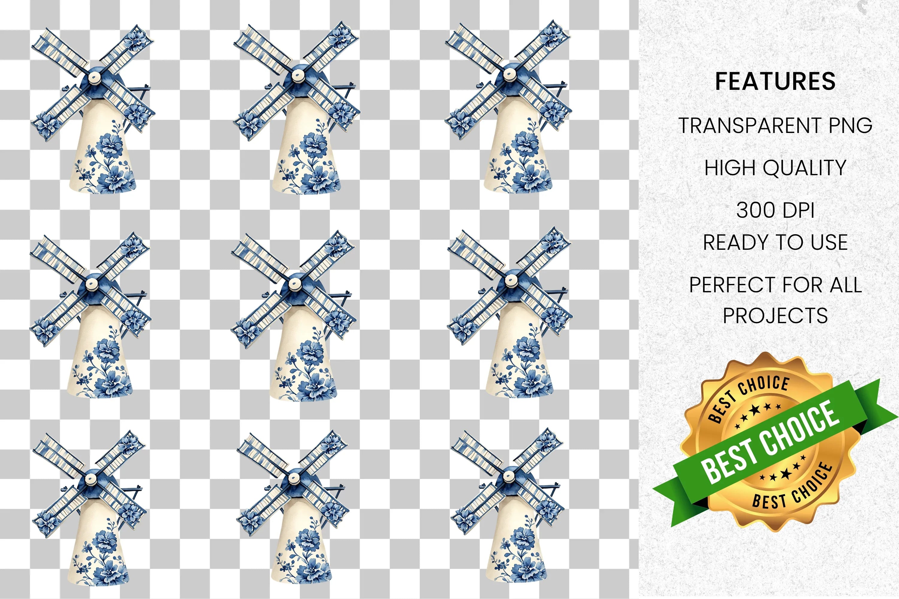 Delft Blue Windmill Clipart Bundle