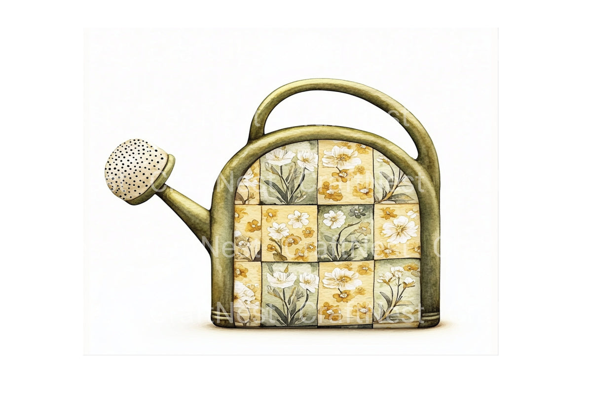 Quilted Floral Watering Can Designs Clipart Bundle