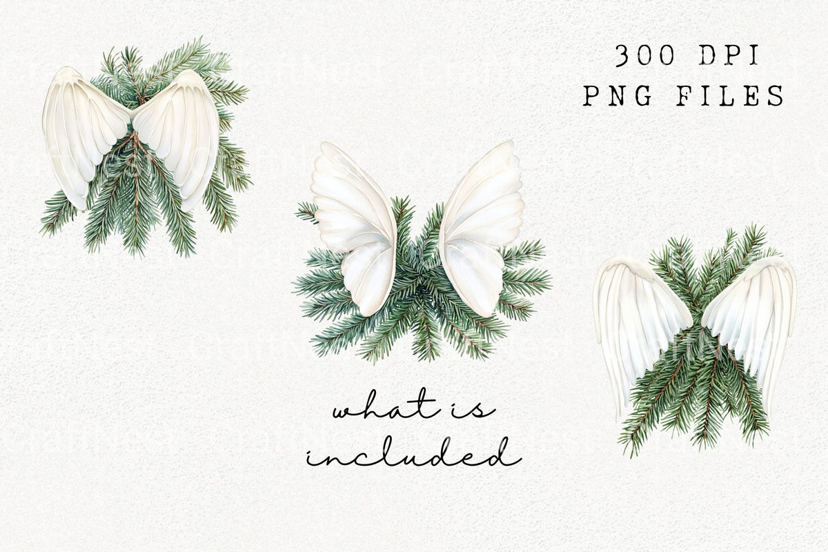 White Angel Wings Pine Branch Clipart Bundle