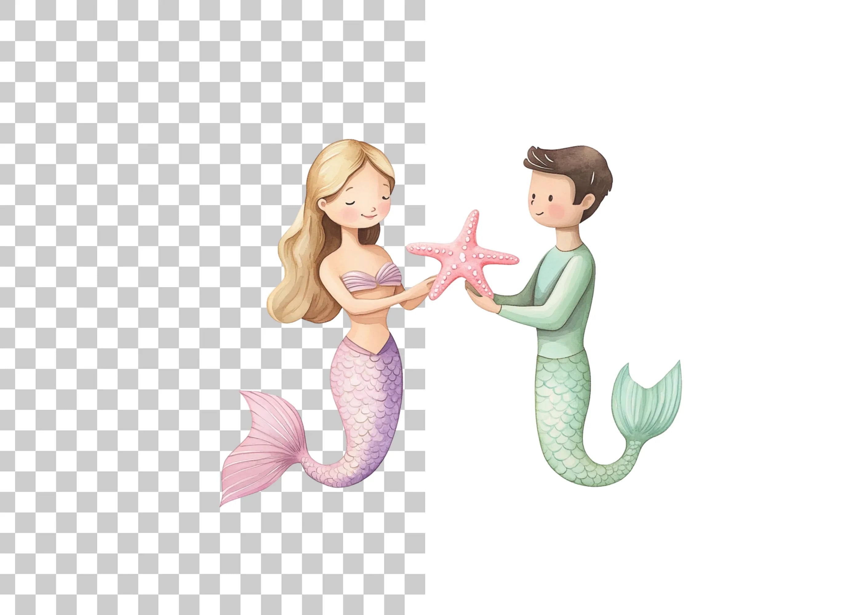 Mermaid and Merman Starfish Clipart Bundle
