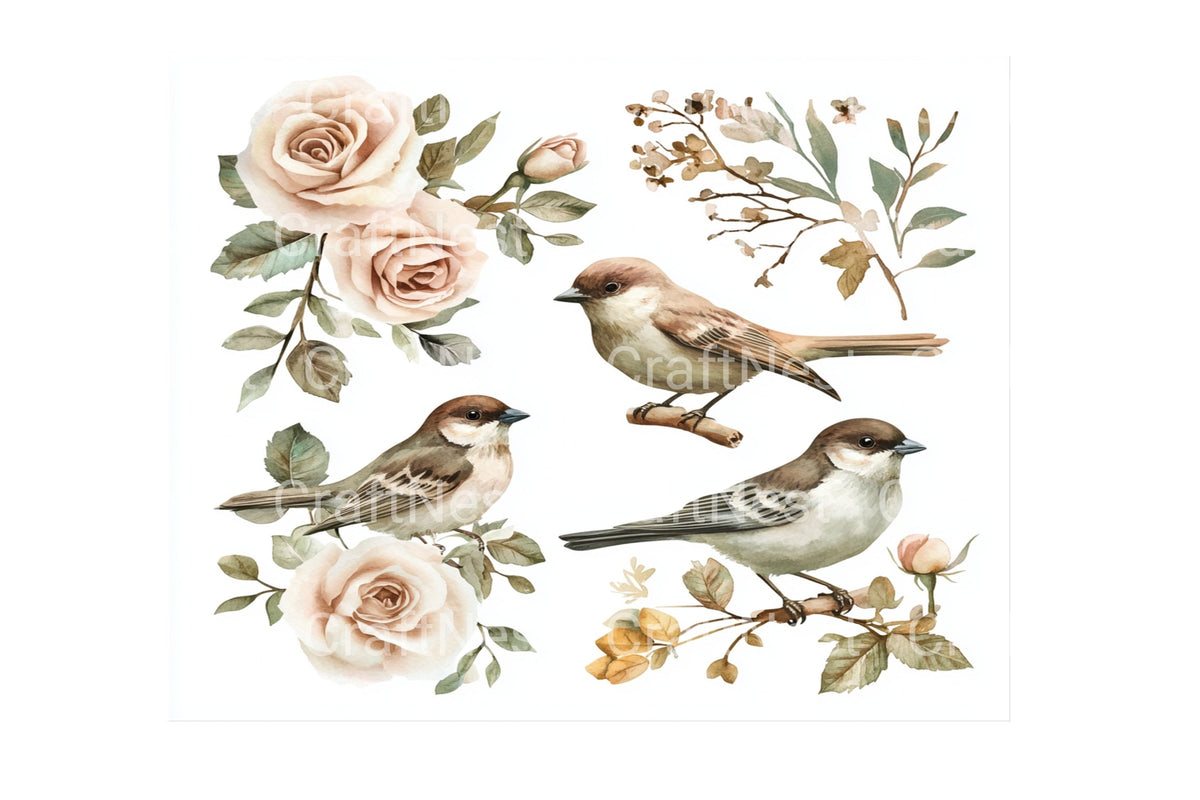Sparrow And Rose Illustrations Clipart Bundle