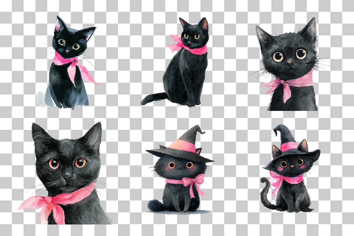 Cute Black Cat with Bow Clipart Bundle