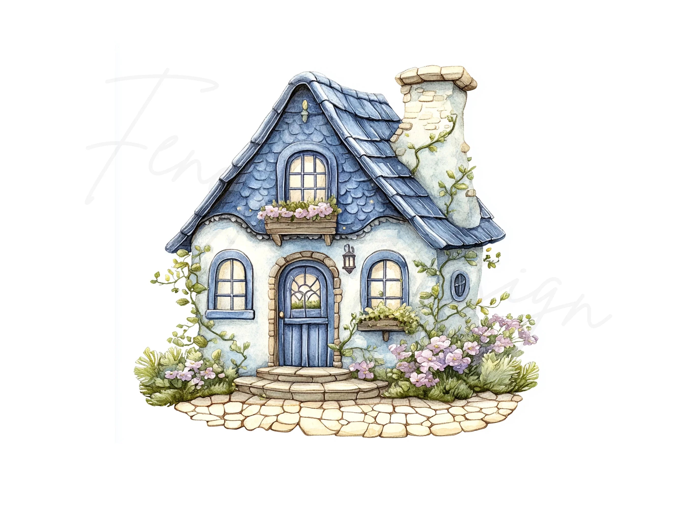 Charming Blue Roof Cottage Clipart Bundle