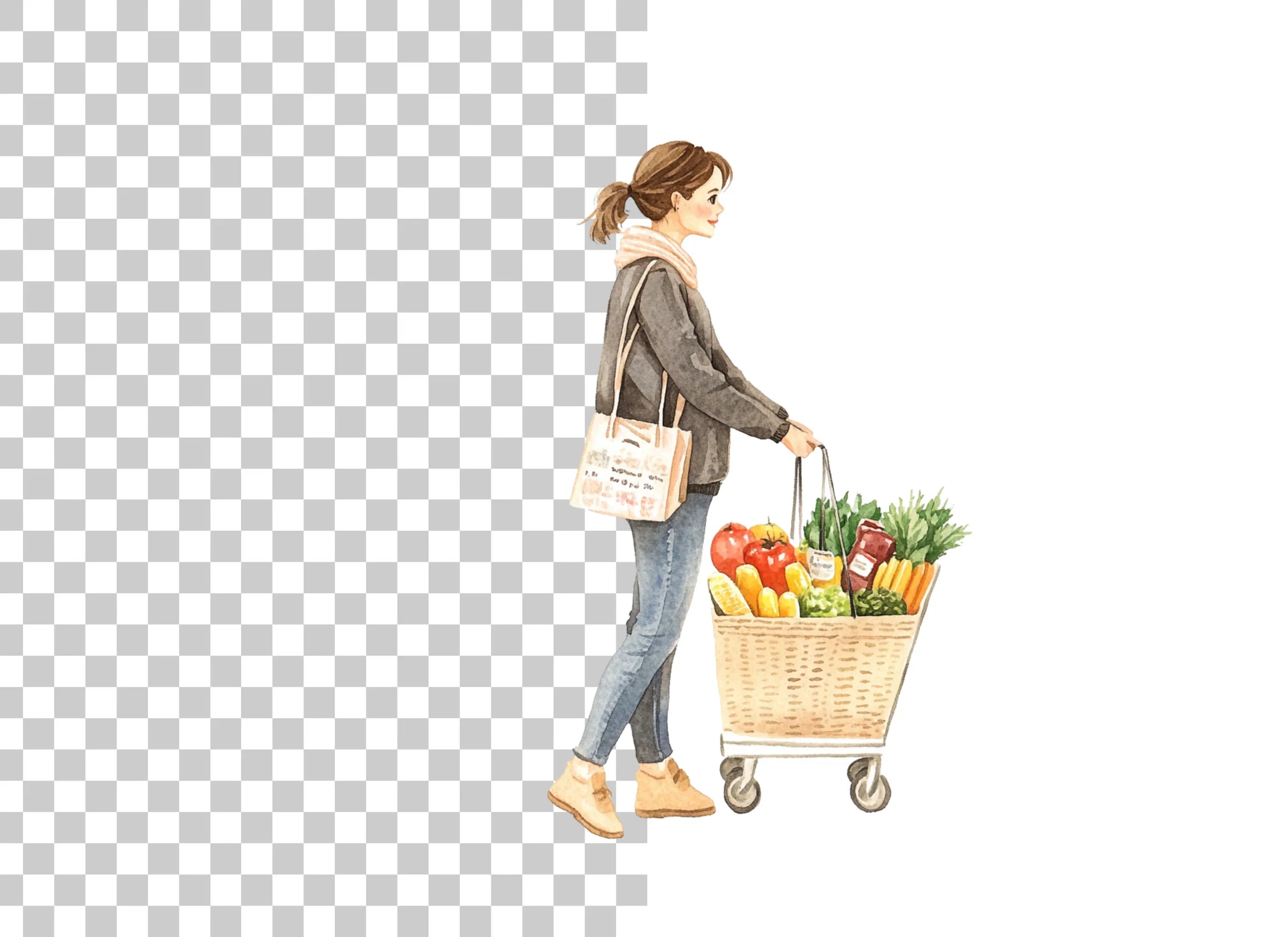 Woman Shopping with Grocery Cart Clipart Bundle
