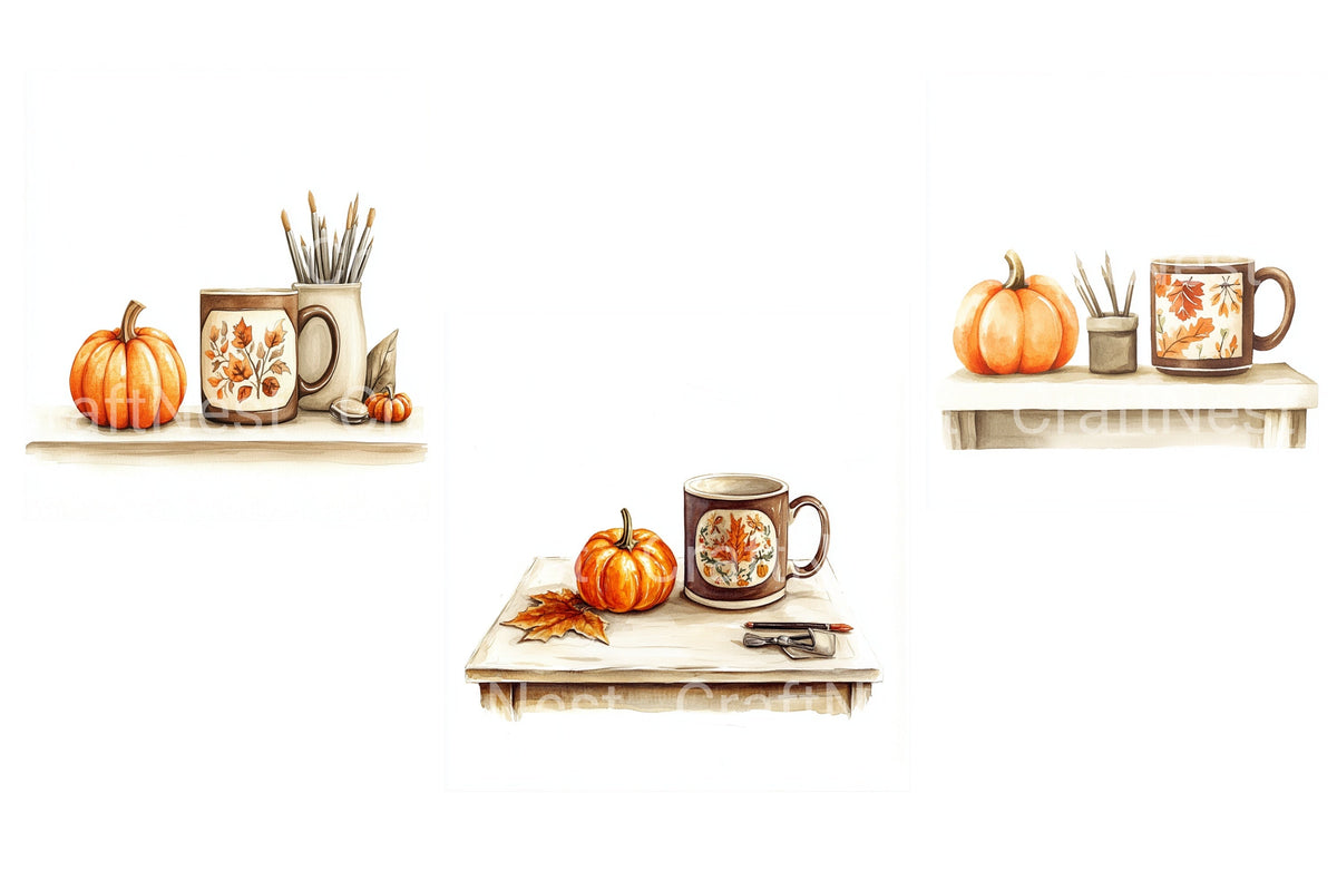 Autumn Desk Decor With Pumpkins And Mugs Clipart Bundle