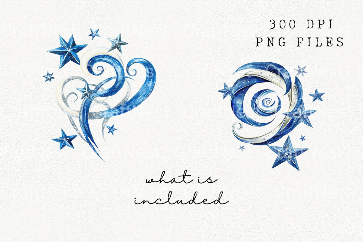Blue And Silver Swirl Stars Clipart Bundle