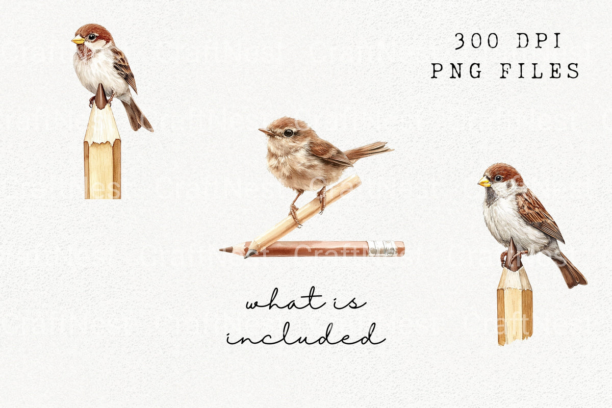 Sparrow On Pencil Illustrations Clipart Bundle