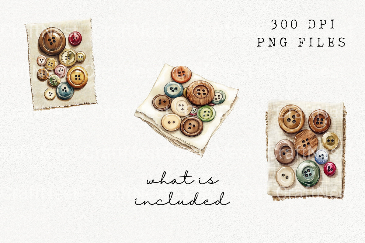 Vintage Wooden Buttons Sewing Clipart Bundle
