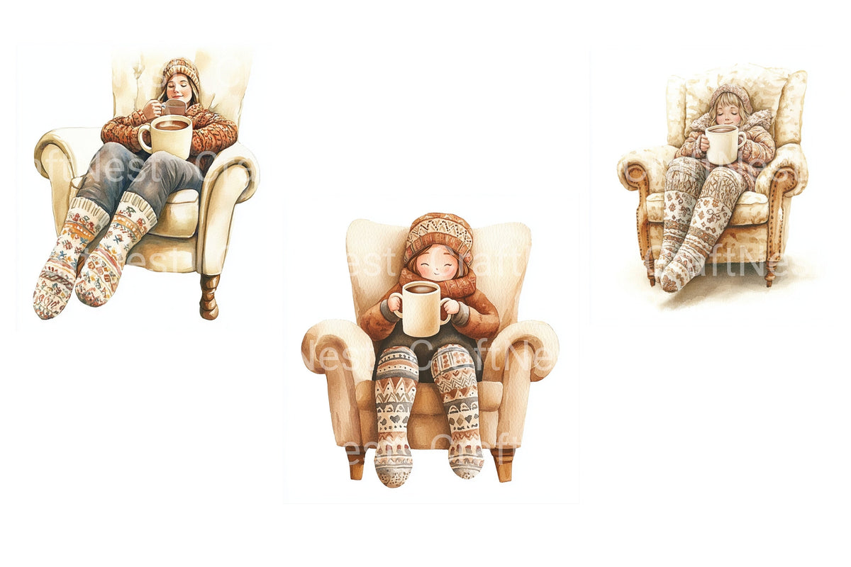Cozy Girl Drinking Hot Chocolate Clipart Bundle