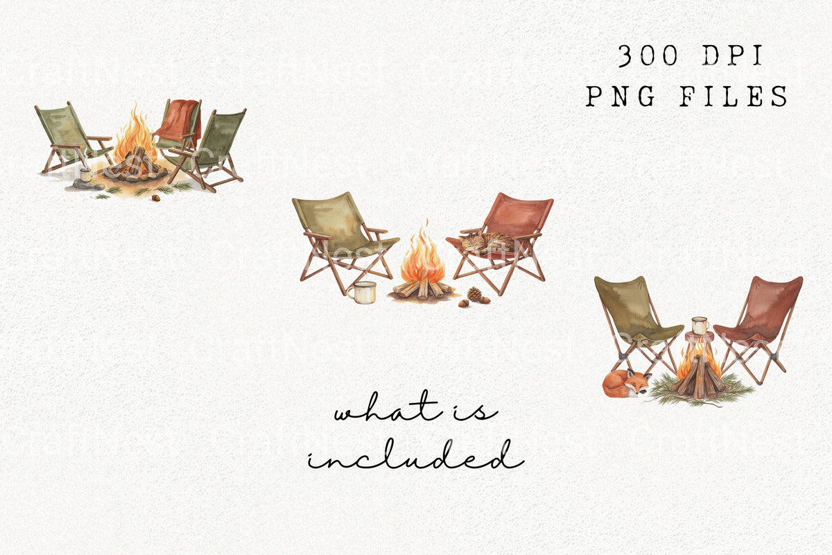Campfire Cozy Scene Illustrations Clipart Bundle