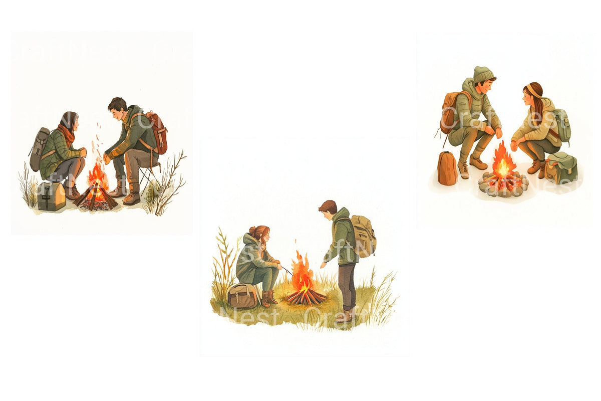 Couple Camping By Campfire Clipart Bundle