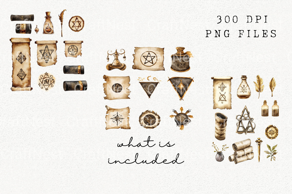 Mystical Magic Scrolls Potions Clipart Bundle