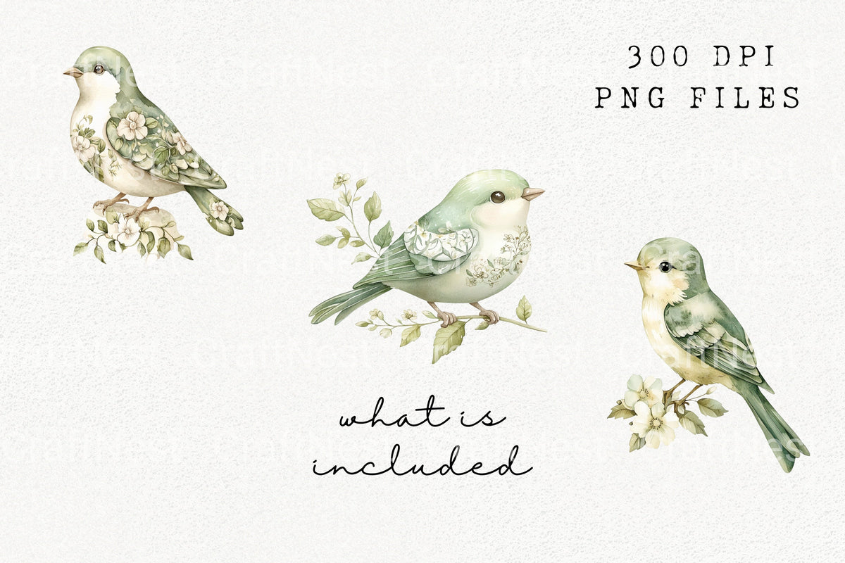 Sage Green Bird Clipart Bundle