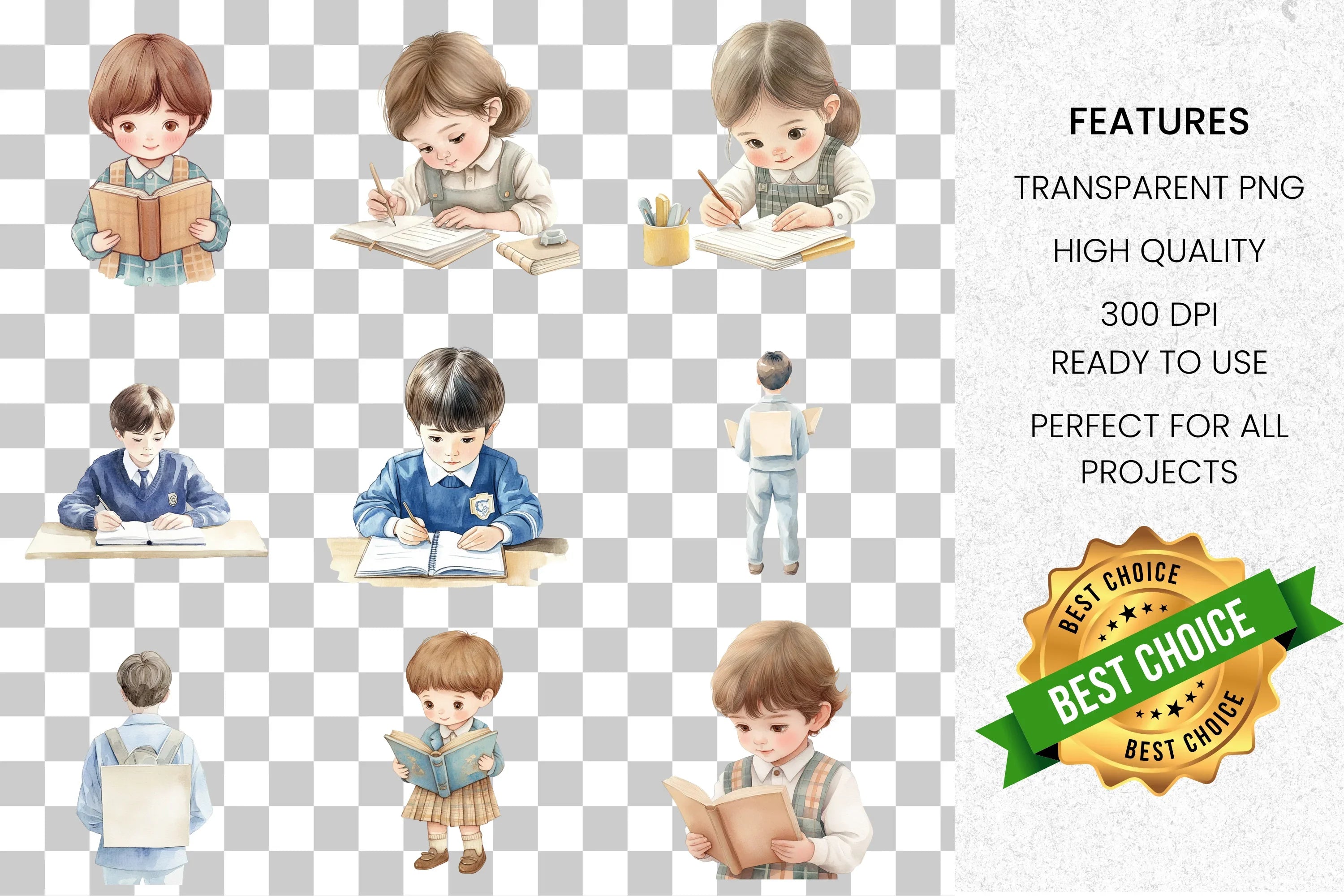Cute Kids Studying Clipart Bundle
