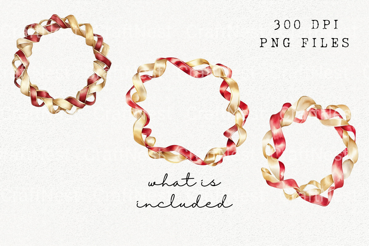 Red And Gold Ribbon Wreaths Clipart Bundle