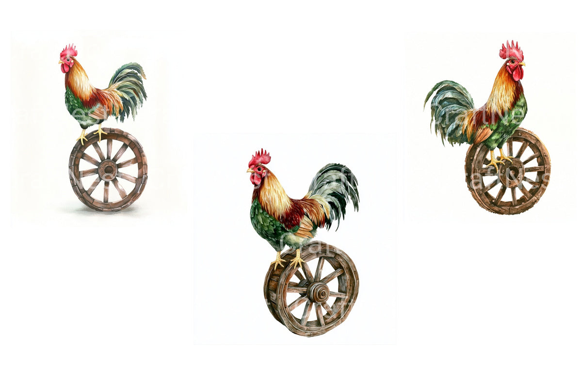 Rooster On Wagon Wheel Clipart Bundle