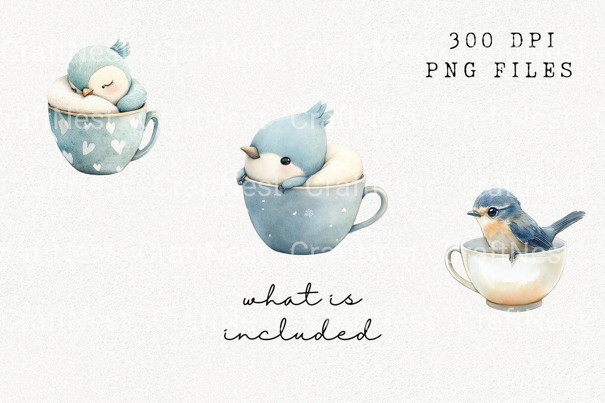 Cozy Blue Birds In Winter Cups Clipart Bundle
