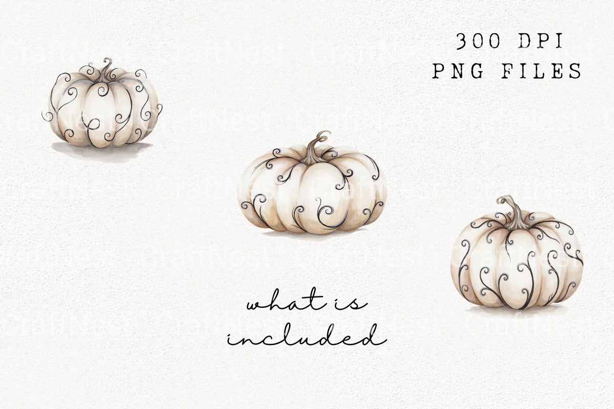 Elegant White Pumpkin With Swirls Clipart Bundle