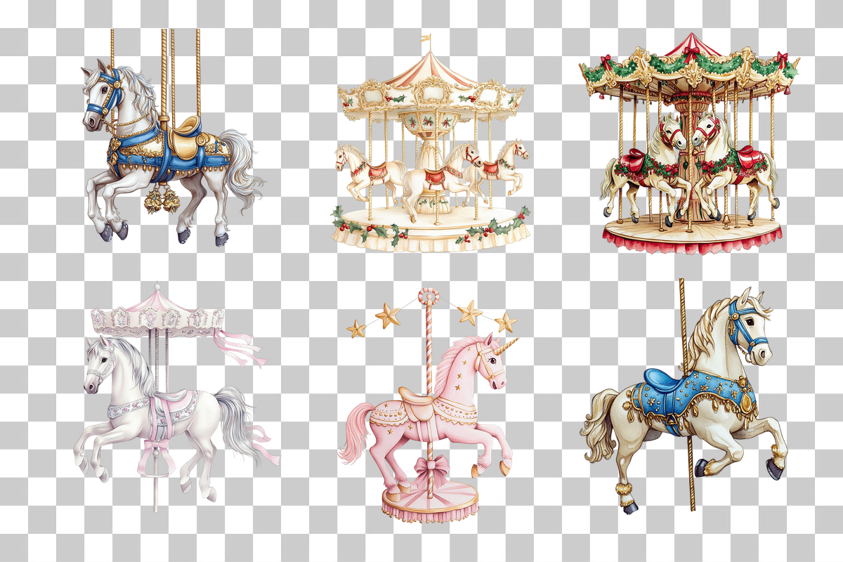 Fairytale Carousel Horses & Unicorns Clipart Bundle