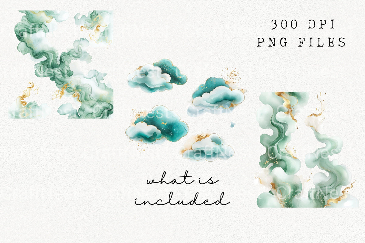 Elegant Green Gold Ink Swirls Clipart Bundle