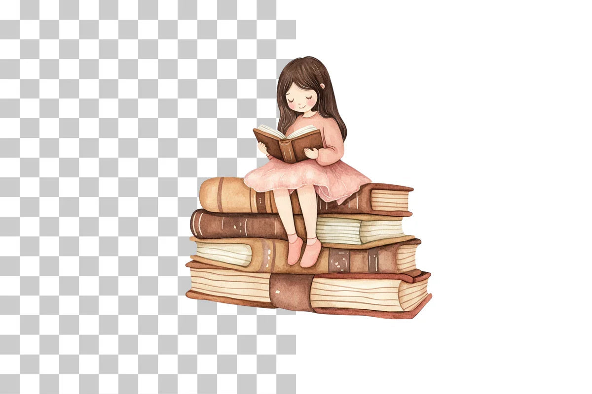 Girl Reading on Book Stack Clipart Bundle - CraftNest - Digital Crafting and Art