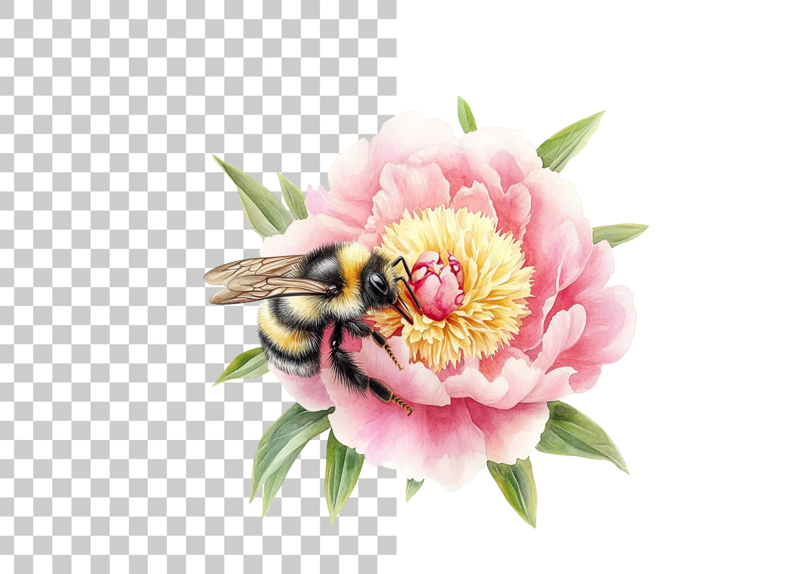 Bumblebees on Pink Peonies Clipart Bundle