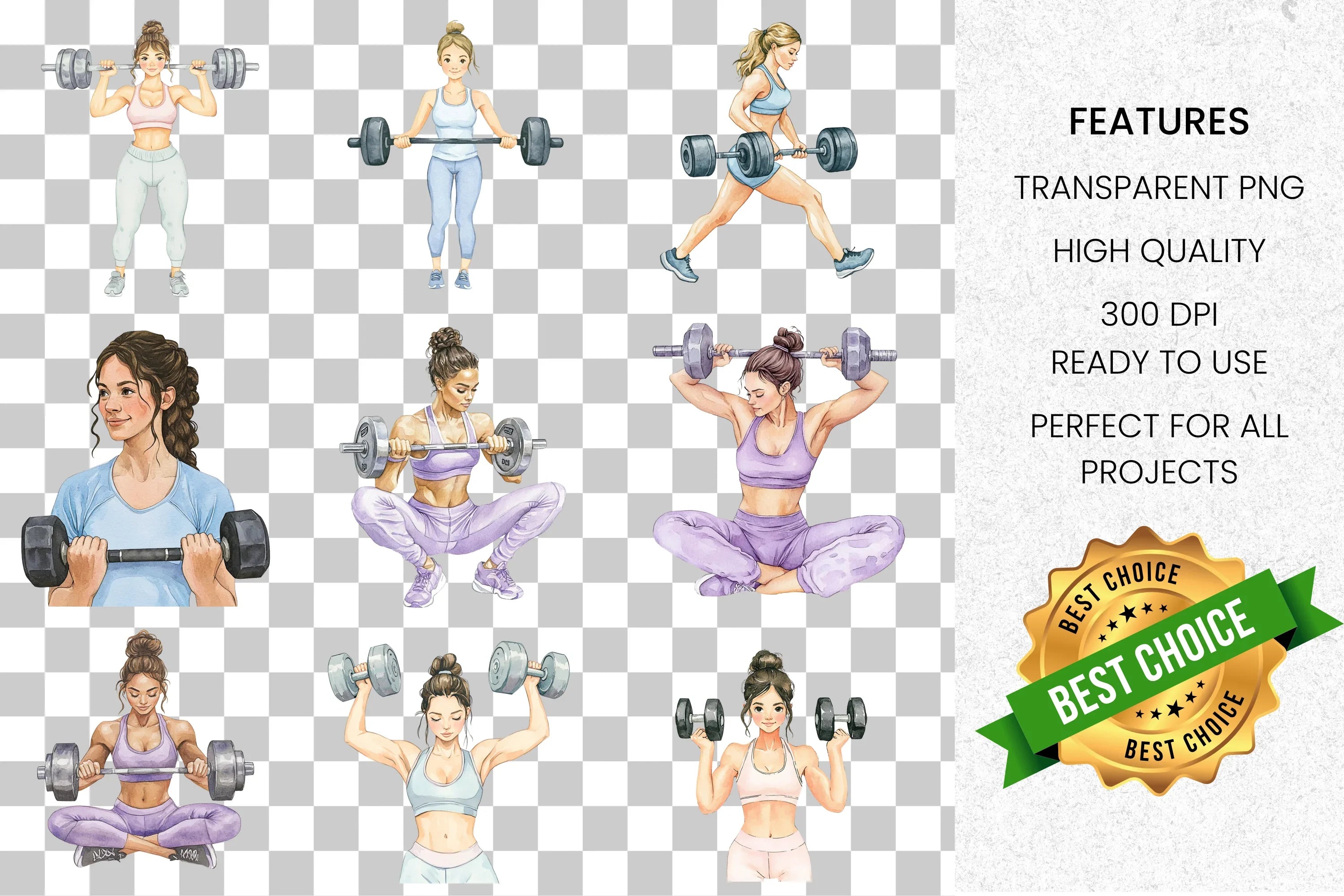 Strong Women Gym Workout Fitness Clipart Bundle